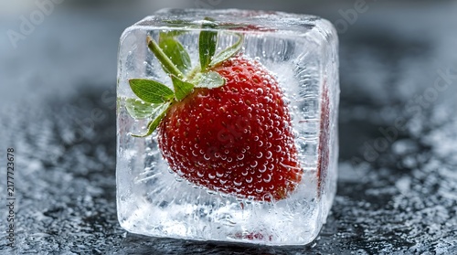 Fresh red strawberry frozen inside a clear ice cube