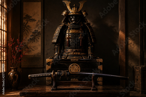 Bushido still life with samurai armor and katana in dark alcove
