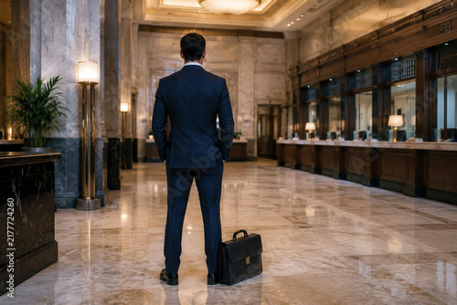 Rear view of banker in suit with briefcase in bank lobby, corporate finance concept