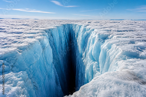Deep glacier crevasse with blue ice walls in polar landscape, glacial environment and climate concept