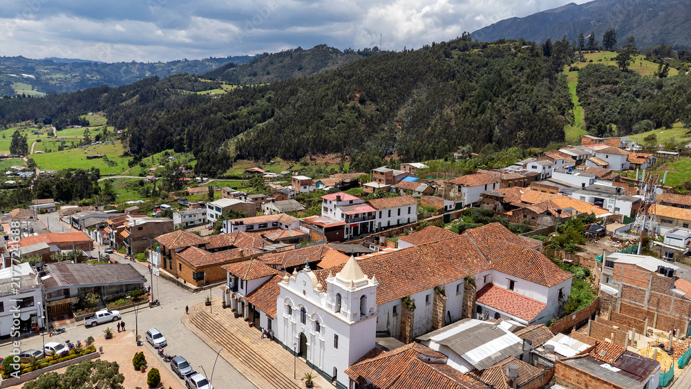 Fototapeta premium Sotaquirá, Boyaca - Colombia. March 4, 2026. Aerial view with drone; it is one of the 123 municipalities of the department