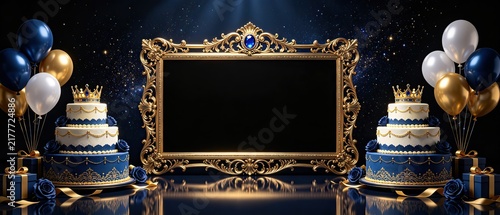 Luxury royal birthday template, ornate golden frame with cake, balloons and gift boxes, dark starry backdrop with copy‑space