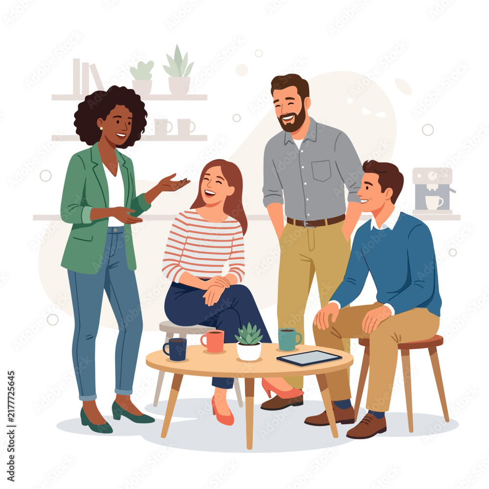 Obraz premium Diverse group of friends or colleagues in a casual meeting, laughing and interacting in a modern, minimalist setting.