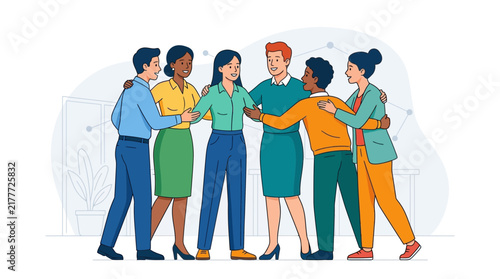 Diverse Group of Professionals Huddled Together in a Modern Office Setting, Depicting Teamwork and Unity