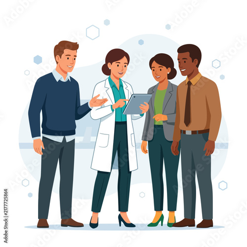 Diverse medical team collaborating, doctor with tablet discussing with patients or colleagues, professional healthcare setting illustration.