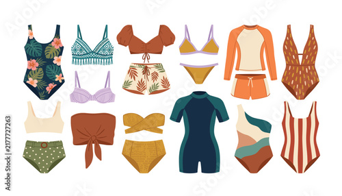Картината върху платно Women swimwear vector set featuring cute fashion bikinis one piece swimsuits ras