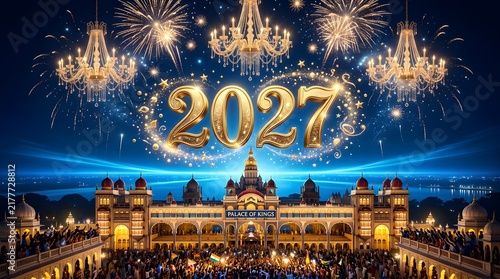 2027 New Year celebration with glowing golden numbers and fireworks over palace