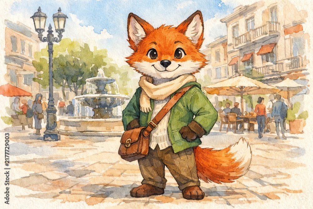 Obraz premium Cute fox character with scarf and messenger bag walking in old european town square with fountain. Watercolor illustration of smiling anthropomorphic animal