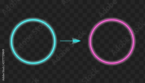 Neon style circular icons with text start and morning connected by an arrow on dark background
