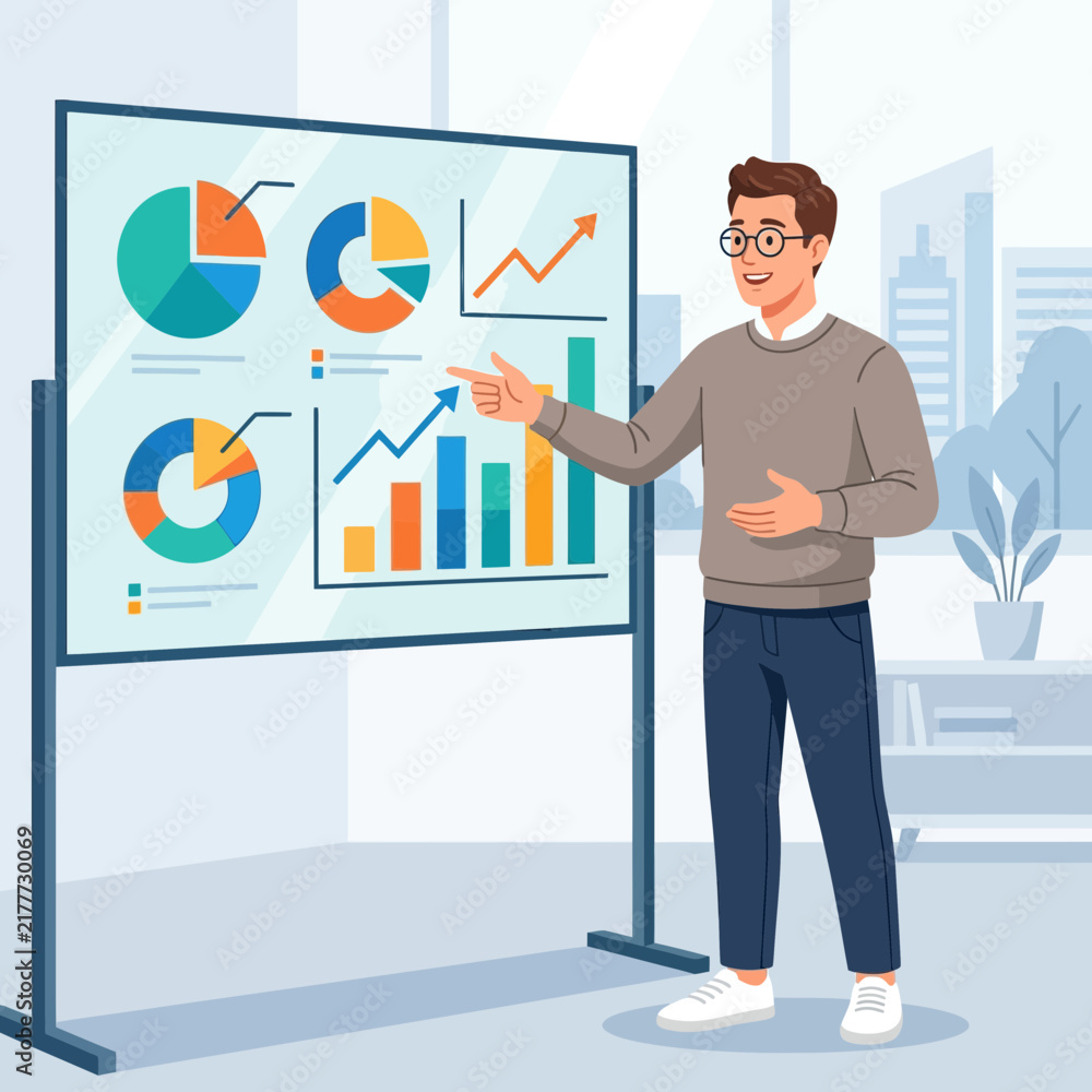 Obraz premium Man Presenting Financial Charts and Graphs on a Whiteboard in an Office Setting