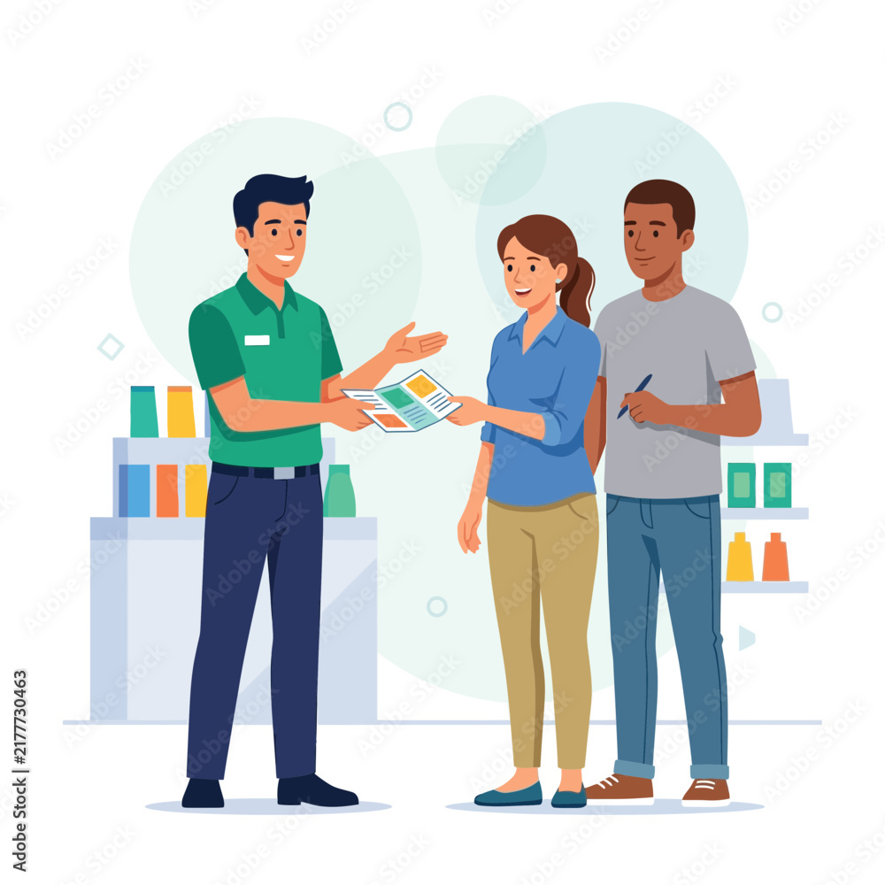 Obraz premium Sales Representative Explains Brochure to Diverse Couple in Retail Store Setting