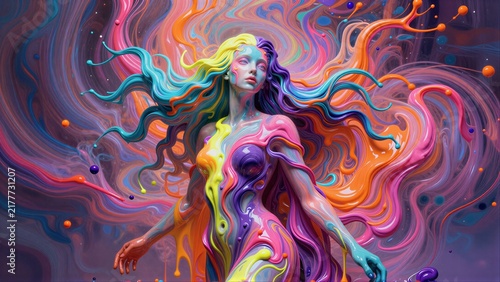 A vibrant, paint-splattered woman with flowing rainbow hair in a psychedelic swirl.