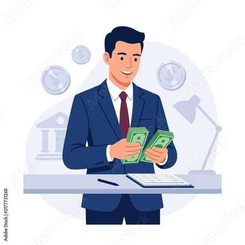 Businessman Counting Money with Calculator and Bank Building Background