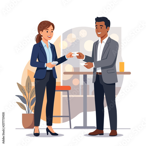 Business people exchanging business cards, professional networking, modern office meeting illustration