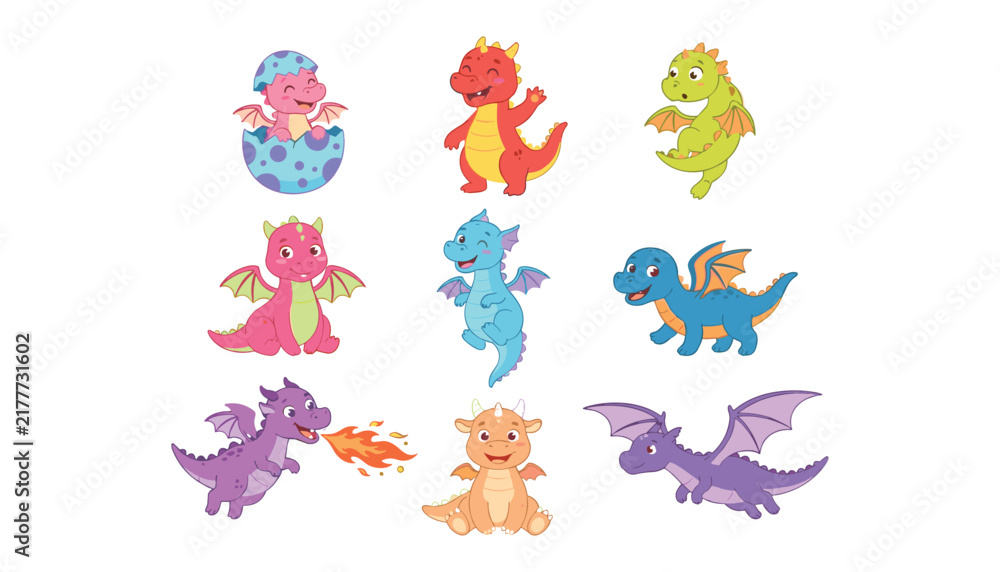 Obraz premium Cute baby dragon vector character set with cartoon dinos hatching fire breathing flying isolated on white background
