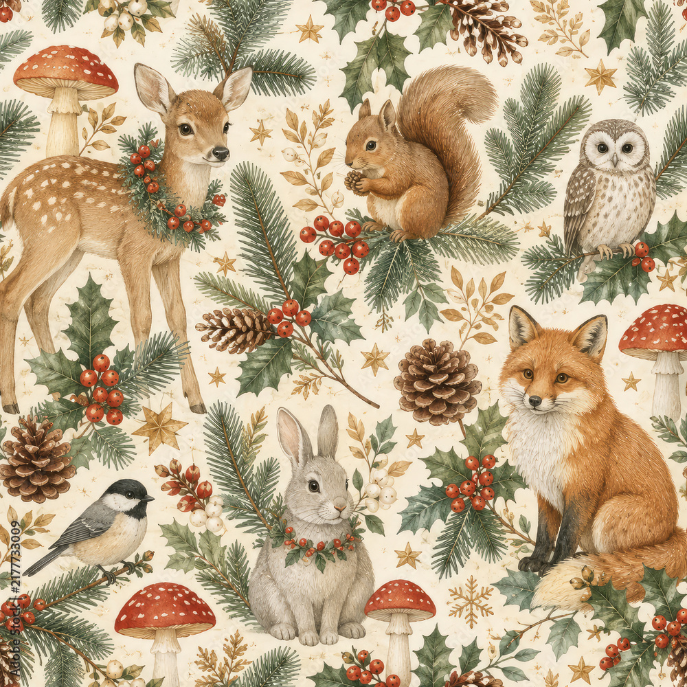 Obraz premium Woodland Animals Christmas Seamless Pattern with Fox Deer Rabbit Squirrel and Owl