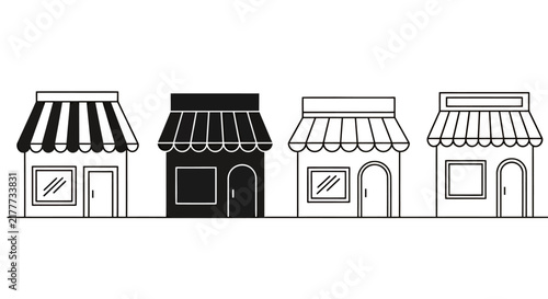 Series of Four Small Shops with Awnings in Row.