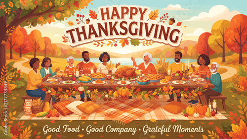 Diverse family gathers around an outdoor banquet table for a Thanksgiving holiday feast in an autumn park setting.