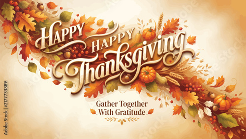 Thanksgiving background displays elegant golden calligraphy surrounded by autumn leaves, pumpkins, and copy space.