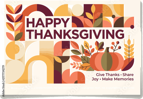 Thanksgiving greeting card design features geometric autumn foliage, a pumpkin, and typography.