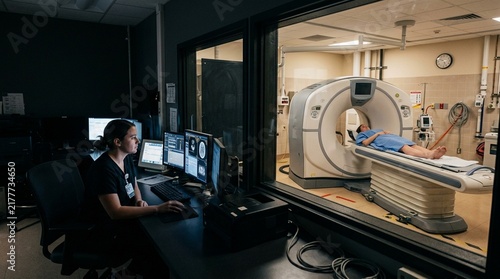 CT scanner suite with a technologist observing through a control room window