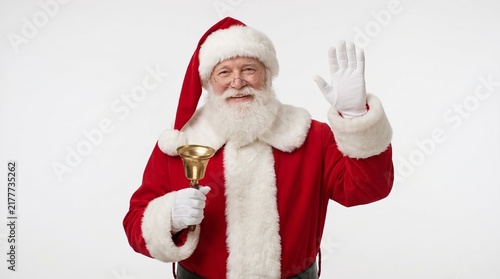 A cheerful Santa Claus waving and holding a golden bell. 