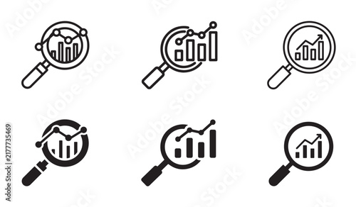 Analytics with magnifying glass icon set. Data analytics and market research icon set featuring business reporting, performance metrics, insights, monitoring, research, trend and dashboard analytics.