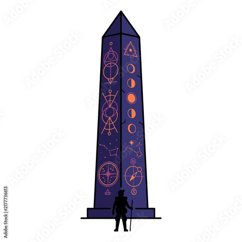 Mysterious ancient obelisk with glowing occult symbols and traveler silhouette