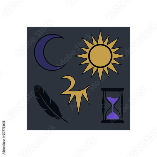 Mystic symbols set featuring sun moon feather and hourglass on dark