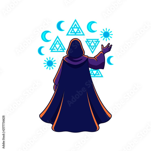 Mysterious wizard in dark cloak casting magic spells with glowing symbols