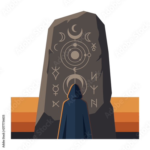 Mystical traveler in dark cloak standing before an ancient stone monolith