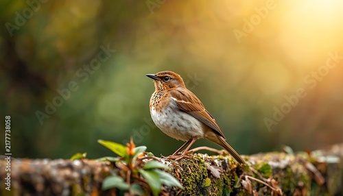 A small brown bird with a speckled chest perches on a mossy stone wall in soft morning light.