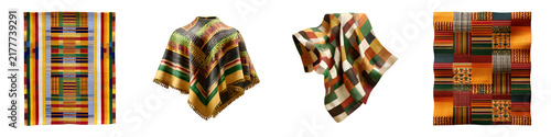 Collection of colorful Kente cloth isolated on white background, Ghana Traditional Fabric