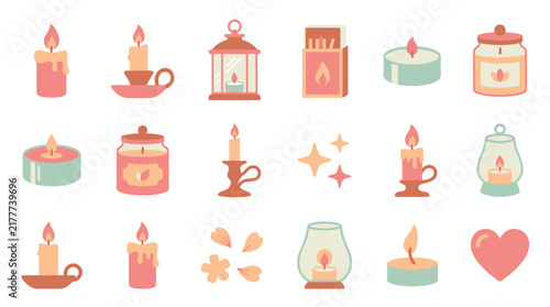 A collection of charming, flat-design illustrations featuring various types of candles, lanterns, and related decorative elements, rendered in a soft, pastel color palette.