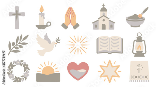 A collection of religious symbols and icons representing faith, spirituality, and worship, including a cross, candle, dove, Bible, and church.