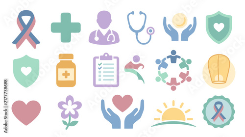 A collection of colorful flat icons representing healthcare, wellness, and community support.