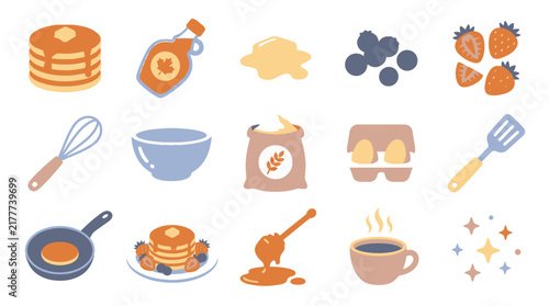 A delightful collection of ingredients and tools for making delicious pancakes, including syrup, berries, eggs, flour, and a whisk.