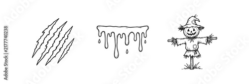 Hand drawn Halloween icons featuring claw marks dripping slime and a smiling scarecrow.