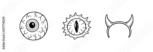 Hand drawn spooky halloween icons featuring eyeballs and devil horns in black ink style.