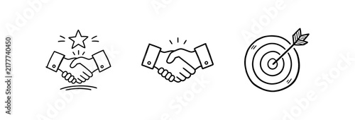 Business success icons featuring handshake and target with arrow in hand drawn doodle style.