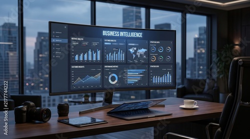 A sleek workspace featuring a large monitor displaying business intelligence data, with a camera and laptop on a wooden desk.