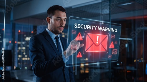A focused Caucasian male professional in a suit interacts with a holographic display showing a security warning at night.