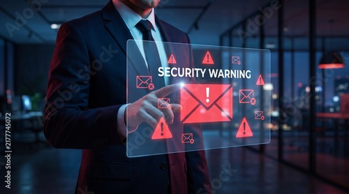 A businessman in a suit interacts with a digital screen displaying a security warning about potential email threats.