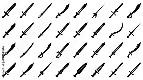 Bild auf Leinwand Set of thirty-two black silhouette sword icons including katanas, scimitars, rapiers, and broadswords isolated on a white background for gaming, history, and military design use