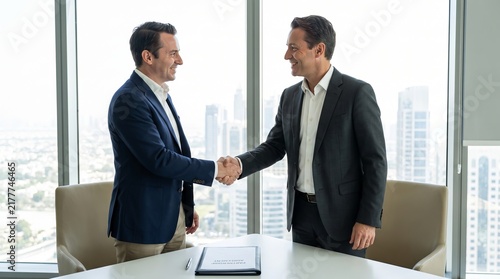 Two middle-aged men of diverse backgrounds shake hands in a modern office, symbolizing a successful business deal.