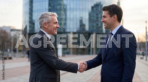 Two businessmen, one with gray hair and the other with dark hair, shake hands outdoors, symbolizing a successful agreement.