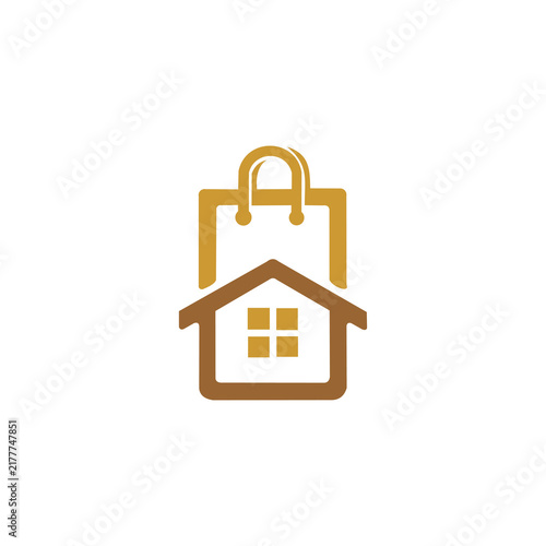 A flat, minimalist vector logo featuring a creative combination of a shopping bag and a house. The top portion represents a shopping bag with handles, while the lower portion depicts a house with a ro