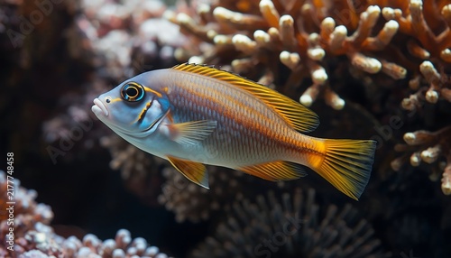A vibrantly colored fish with orange and blue hues swims amidst textured coral structures underwater.
