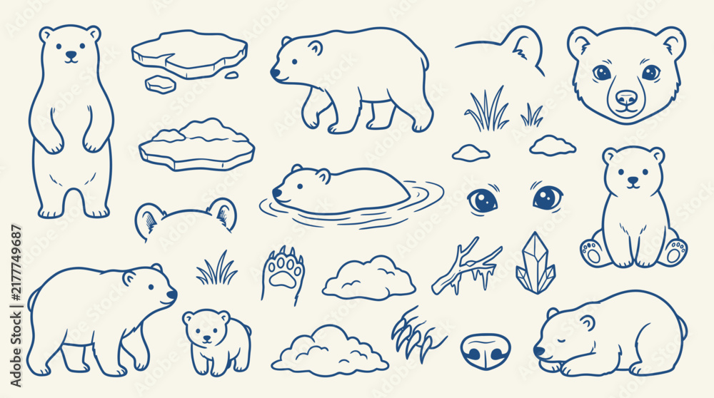 Obraz premium A charming collection of hand-drawn polar bear illustrations, featuring various poses, cubs, and arctic elements like ice and snow.