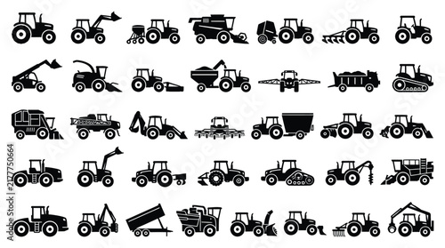 Canvastavla Comprehensive collection of thirty-five black silhouette icons representing agricultural machinery and farm vehicles including tractors, combine harvesters, sprayers, and plows on white